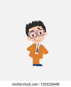 Businessman with glasses smiling peacefully.