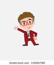 Businessman with glasses something angry shows something to his right.