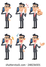 Businessman with glasses speaking on a mobile phone / 6 pose set