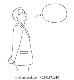 Businessman with glasses and speech bubble. Man holding hands behind his back. Line drawing illustration.