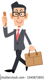 Businessman with glasses, thumbs up and commuting.