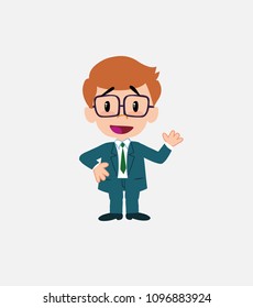 Businessman with glasses waving, happy.