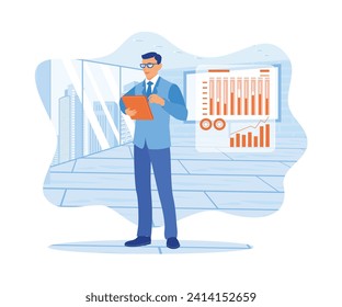 Businessman in glasses working in modern office. Using a digital tablet to analyze company financial data. Finance control scenes concept. Flat vector illustration.