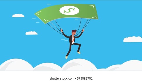 A Businessman Gliding Down with a parachute shaped as dollar bill
