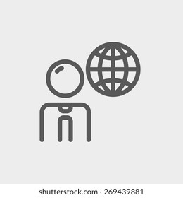 Businessman with global icon thin line for web and mobile, modern minimalistic flat design. Vector dark grey icon on light grey background.
