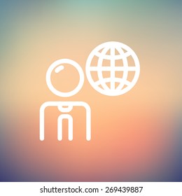 Businessman with global icon thin line for web and mobile, modern minimalistic flat design. Vector white icon on gradient mesh background.