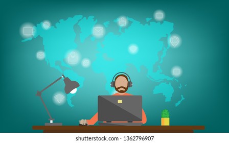 Businessman with global network and data connection business, Vector flat design