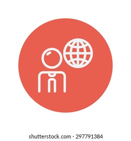 Businessman with global thin line icon for web and mobile minimalistic flat design. Vector white icon inside the red circle.