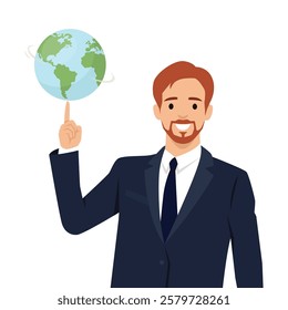 Businessman with a Global Vision in a suit smiling while spinning a globe on his finger. Flat vector illustration isolated on white background