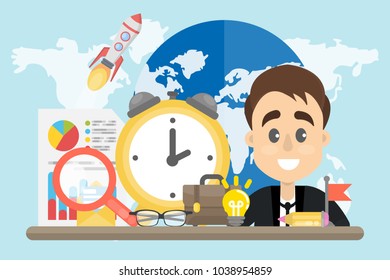 Businessman global work outlook with map, magnifying glass and alarm clock.