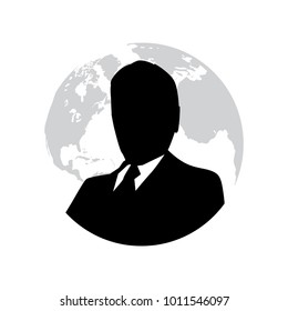 businessman with globe behind him 
