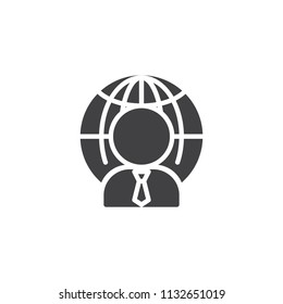 Businessman with globe vector icon. filled flat sign for mobile concept and web design. Global business man simple solid icon. Symbol, logo illustration. Pixel perfect vector graphics