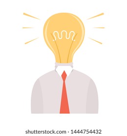 Businessman with Glowing Bright Bulb Instead of Head, Man Having Good Idea, Brainstorming, Innovation, Creativity Concept Vector Illustration