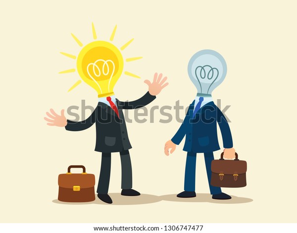 Businessman with glowing\
light bulb head talk  about new ideas. Make a suggestion. Creative\
person concept. Vector cartoon illustration, flat style, isolated\
background.