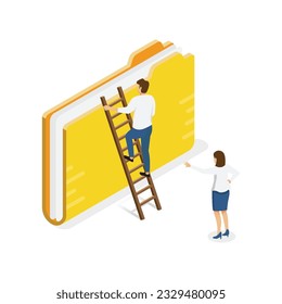 Empresario ir a buscar el archivo de datos de documentos. Vector isométrico.