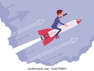 Businessman go high to success on a rocket. Leader moving company to the top, profitable strategy for developing in right direction. Business motivation concept. Vector flat style cartoon illustration