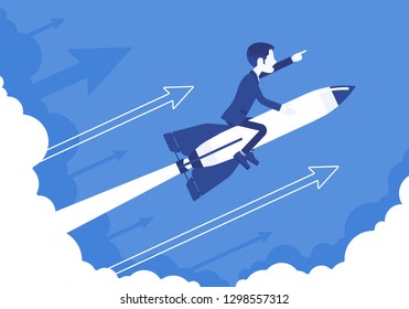 Businessman go high to success on rocket. Leader moving company to the top, profitable strategy for developing in right direction. Business motivation concept. Vector illustration, faceless characters