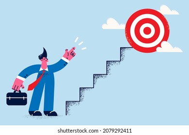 Businessman go up stairs to business goal reach career success. Motivated successful man leader or employee run staircase achieve aim or purpose. Leadership, accomplishment. Vector illustration. 