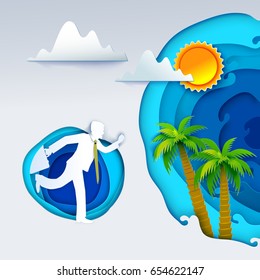 Businessman go to summer tropics. Paper art banner with palms, sun, clouds. Man run to hot holidays, vacation, travel. Vector illustration. Paper cut concept