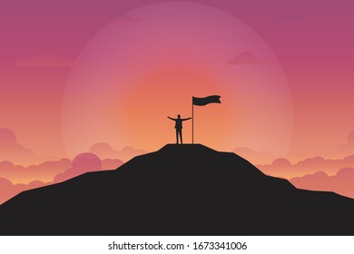 Businessman goal achievement. Silhouette of businessman and flag on top mountain. Sunset background, Motivation, Leadership, Successful, Vector illustration flat design 
