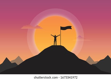 Businessman goal achievement. Silhouette of businessman and flag on top mountain. Sunset background, Motivation, Leadership, Successful, Vector illustration flat design 