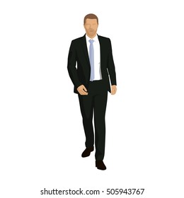 Businessman goes ahead. Vector illustration. Man in suit going forward