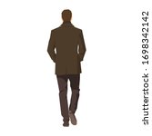 Businessman goes away, flat design isolated vector illustration. Rear view. Walking man in brown coat