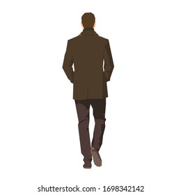 Businessman goes away, flat design isolated vector illustration. Rear view. Walking man in brown coat