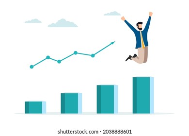 businessman goes to the goal. flat design style minimal vector illustration, businessman holding a flag at the top of a column column.