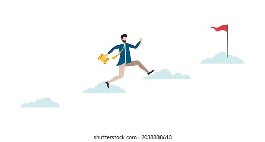 businessman goes to the goal. flat design style minimal vector illustration, businessman holding a flag at the top of a column column.