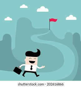 Businessman goes to the goal. Success, goal achievement business concept. Vector illustration