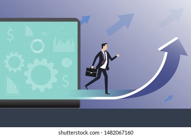 businessman goes to the goal and success. idea from a laptop. upward movement concept. vector illustration