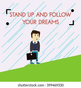 Businessman goes up the hill. Businessman overcoming difficulties. A Contemporary style. Vector flat Concept business illustration. businessman with a suitcase. text. get up and go for your dream.