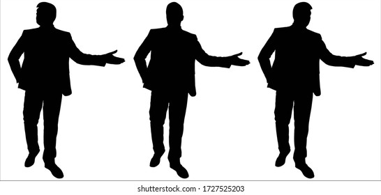 Businessman goes with his hand raised, the second hand is hidden in his pants pocket. Young guy in a business suit is presenting. Three male silhouettes of black color isolated on a white background.