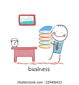 businessman goes to his workplace with a stack of books