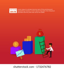 Businessman goes up the ladder to the highest target. Finance performance of return on investment ROI concept with upward arrow sign. dollar symbol icon in flat style vector illustration