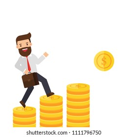 Businessman goes up the stairs of money to the financial prize