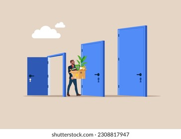 Businessman goes through door. Career growth and development, steps to achieve goal, strategy. 