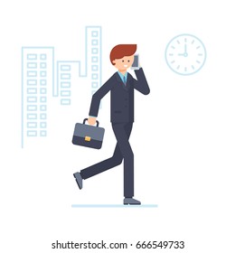Businessman goes to work in his hand holds a briefcase and talks on the phone.  Vector illustration business concept design.