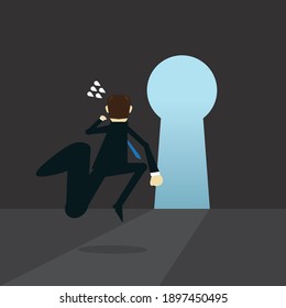 Businessman going to big keyhole, Vector illustration in flat style