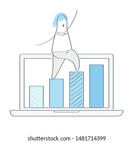 Businessman going up a chart, jumping over graph stat to goal. Growth vector diagram, success business, achieving results, career growth. Flat line financial vector illustration on white,