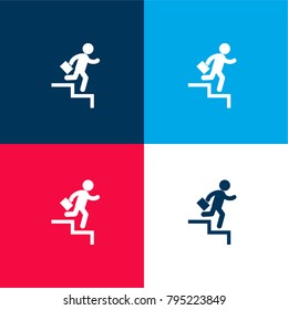 Businessman going down by stair steps with suitcase in his right hand four color material and minimal icon logo set in red and blue