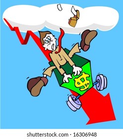 Businessman going down in a roller coaster car over a graphic arrow