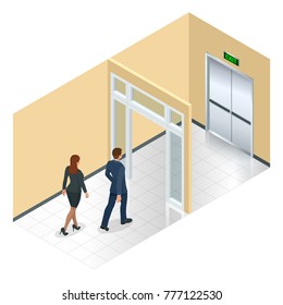 Businessman Going Exit Door Sign, Emergency. Business Solution Or Exit Strategy Concept. Leaving The Office Building. Isometric Vector Illustration