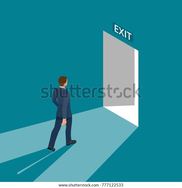 Businessman going exit door sign, emergency.\
Business solution or exit strategy concept. Leaving the office\
building. Isometric vector\
illustration