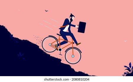 Empresario que va a ayunar - persona de negocios que va en bicicleta bajando cuesta abajo en alta velocidad. Peligro y concepto de riesgo. Ilustración del vector