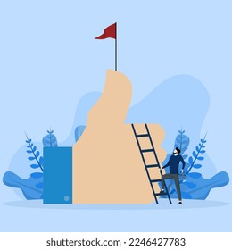 businessman going up ladder to achieve thumbs up achievement, Successful journey to get positive feedback, employee or customer satisfaction concept, high performance evaluation or review, good job.