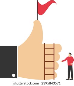 businessman going up the ladder to achieve thumbs up achievement, Successful journey to get positive feedback, employee or customer satisfaction concept, high-performance evaluation or review, good jo