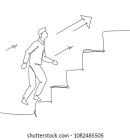 Businessman going up a ladder - one line design style illustration isolated on white background. A young man coming upstairs. Goal achievement concept. High quality image for your presentation