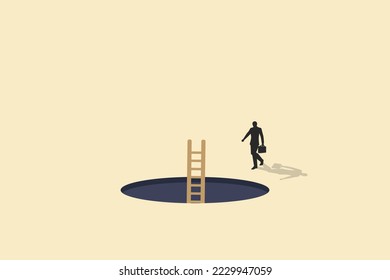 businessman going to Ladder standing inside hole. Symbol of success, hope, ambition, and opportunity